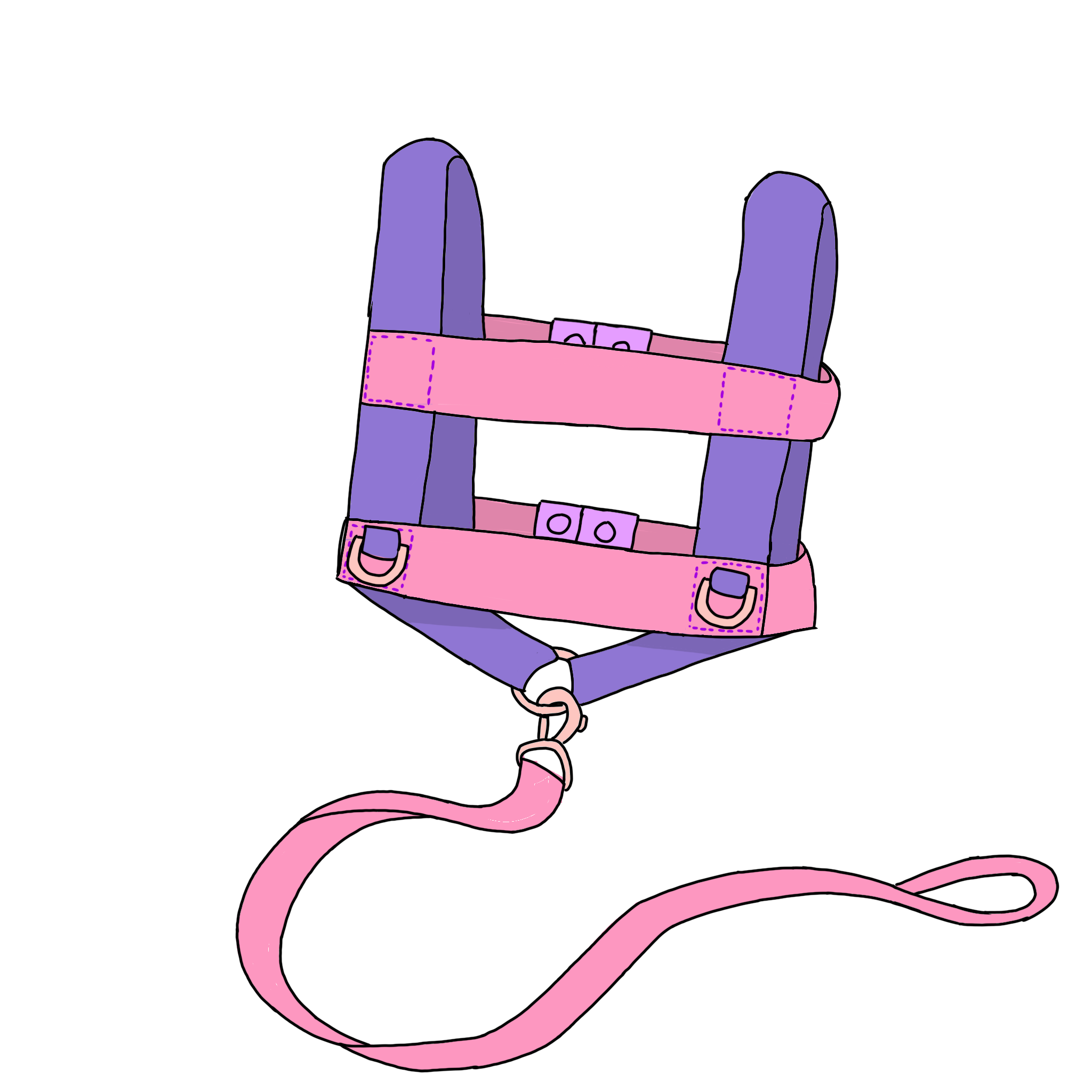 a pink and purple walking harness with a pink leash and D rings for attaching things